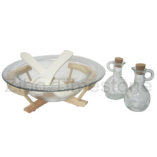 Saladeira de vidro com bandeja de madeira e colher (TM106S)